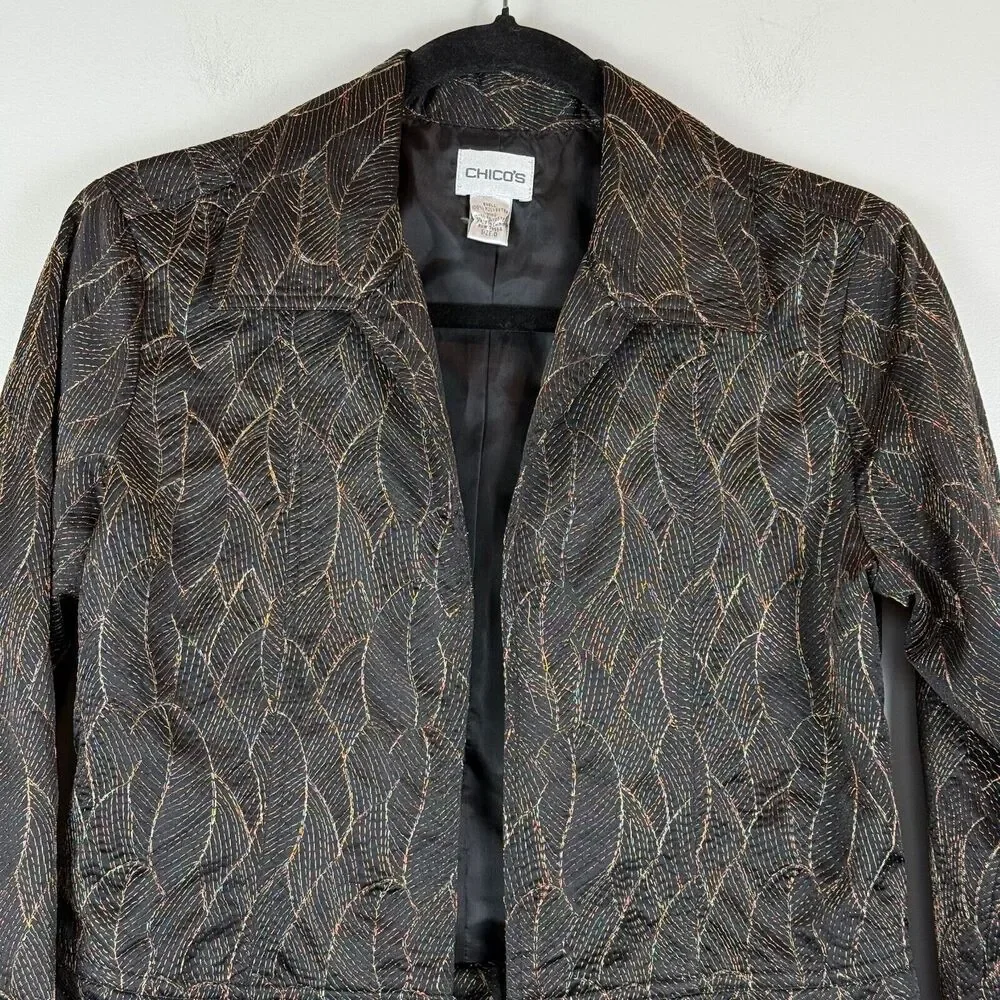 Chico's Blazer Jacket Womens 0 S Black Open Front Long Sleeve Mature Career Work